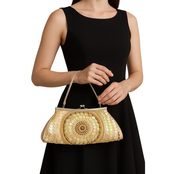 Bijoux Terner Beaded Sequin Evening Bag Champagne Gold Satin Purse Y2K - Picture 1 of 6